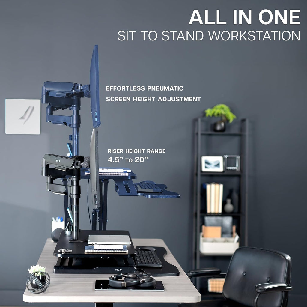 VIVO 32 inch Standing Desk Converter with Dual Monitor Mount for up to 32 inch Screens, Height Adjustable Riser with Mechanical Spring Arms, Black, DESK-KIT-0K2K