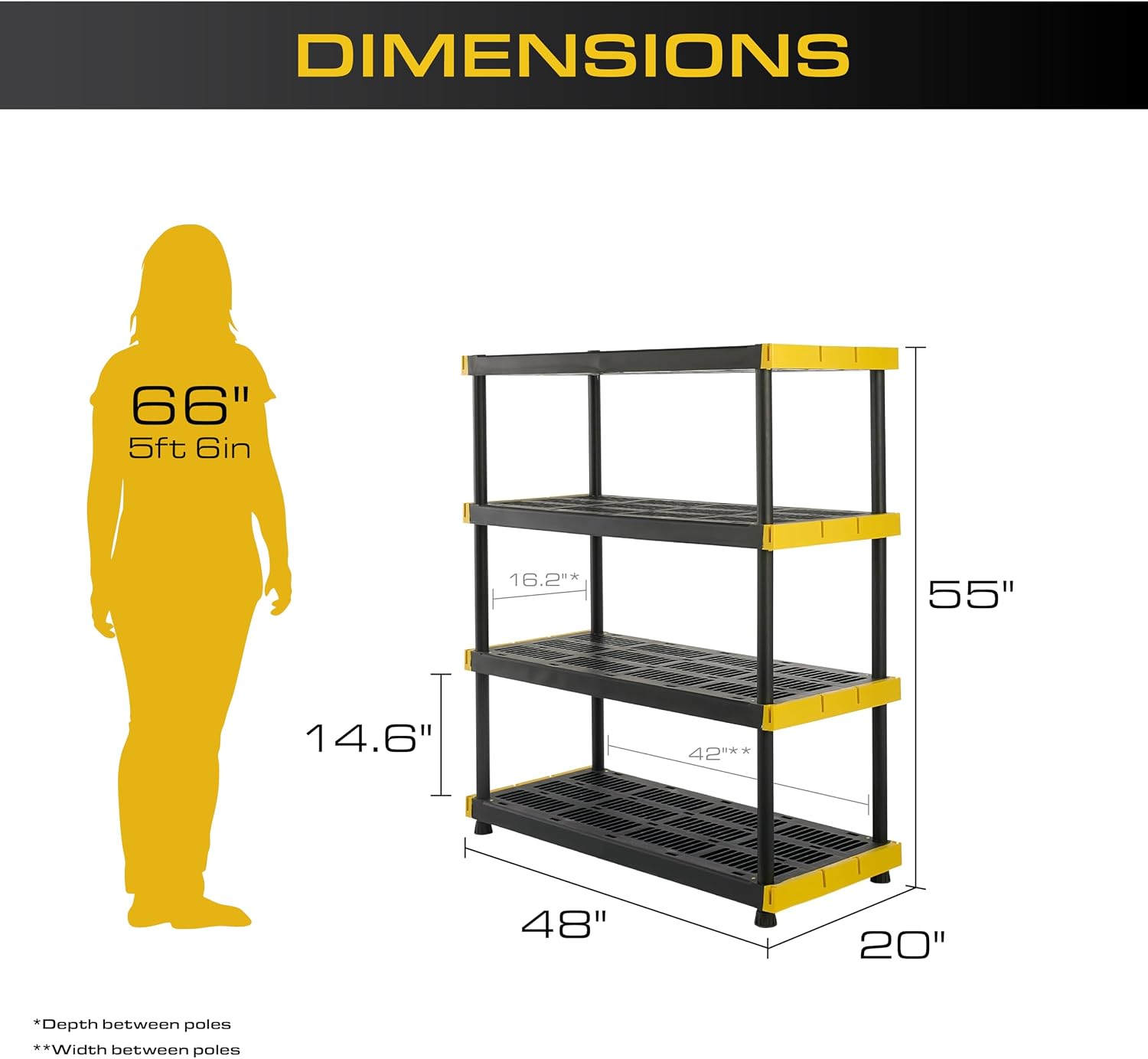 CX Black & Yellow, 4-Tier Heavy Duty Plastic Storage Shelves that Support up to 200lbs/shelf, Organization and Storage, Weather-Resistant Design, Easy Assembly (55'H x 48'W x 20'D)