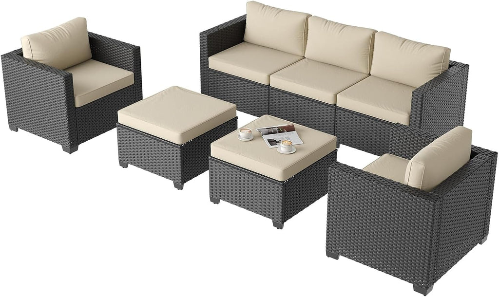 Aoxun Patio Furniture Set, 5 Piece Outdoor Sectional Sofa with Ottomans, Wicker Outdoor Furniture Conversation Sets with Waterproof Cover for Backyard Beige
