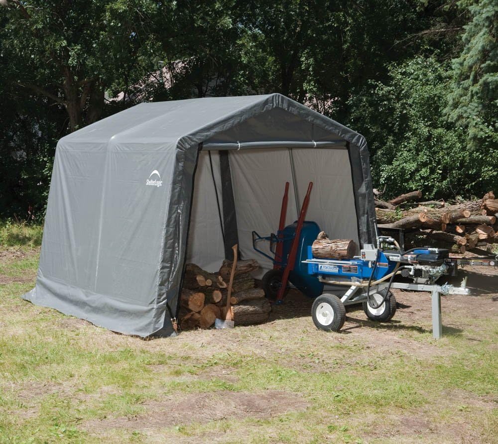 ShelterLogic 10' x 10' Shed-in-a-Box All Season Steel Metal Peak Roof Outdoor Storage Shed with Waterproof Cover and Heavy Duty Reusable Auger Anchors, grey