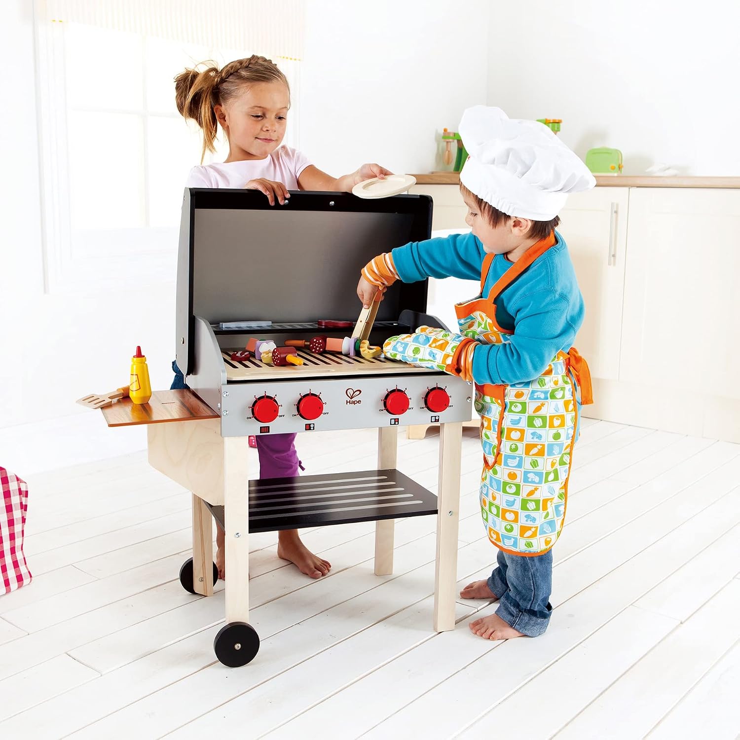 Hape Wooden Gourmet Grill and Shish Kabob| Pretend Playset Cooking Sets with Play Food for Kids