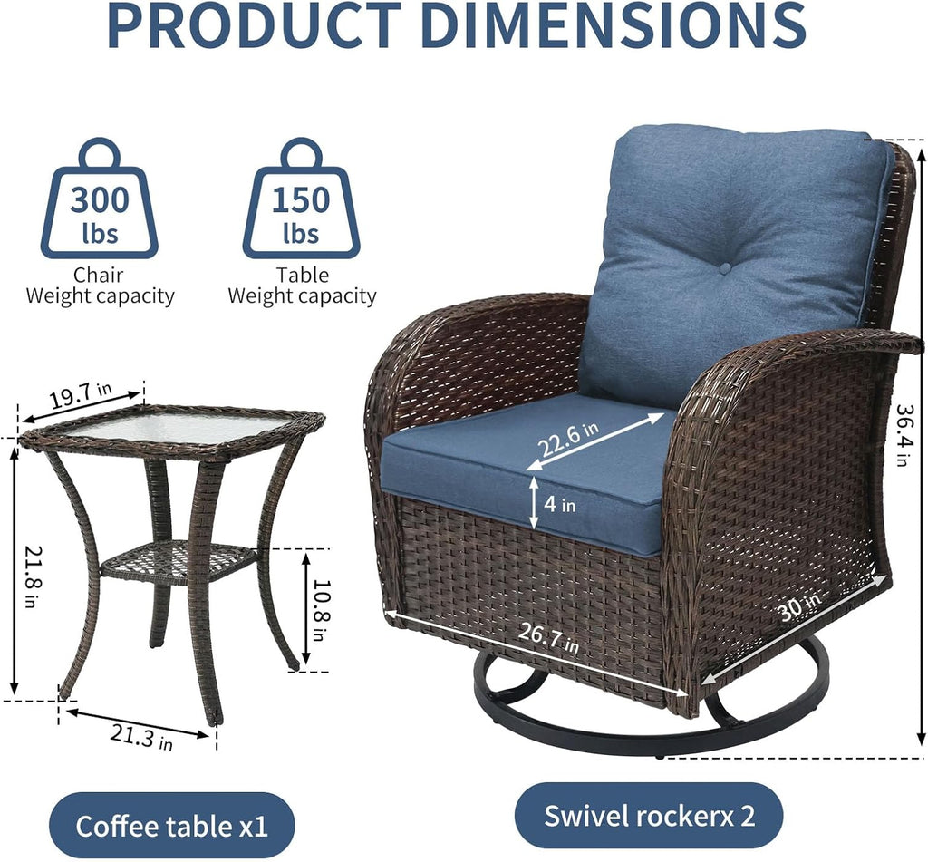 SHGJ&SOFT 3 Piece Patio Furniture Set, 2 Outdoor Swivel Rocking Chairs with Side Table, Wicker Glider Chairs, All-Weather Rattan Bistro Set for Porch, Deck, Pool (Blue, Brown Full-Weave Rattan)