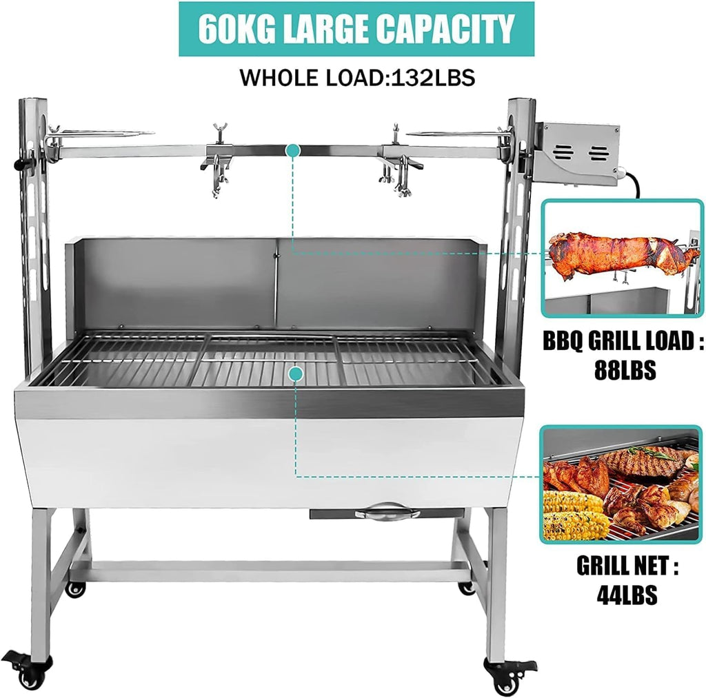 132lbs Outdoor Rotisserie Grill with Back Cover Guard, Small Pig Whole Lamb Stainless Steel Rotisserie Roaster, 37' BBQ Charcoal Rotisserie Roaster Grill