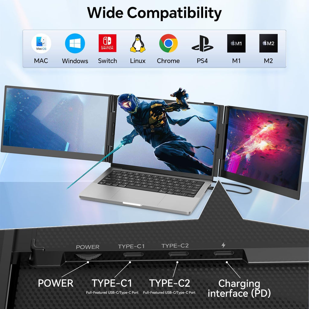 POTTMACEE 14.2'' Triple Laptop Screen Extender, 0.17' Ultra-Slim FHD 1080P Portable Monitor for Laptop, Tri-Screen Travel Monitor Extender, Plug-Play for Windows/Mac/Chrome, Fit 13'-17.3' Laptops