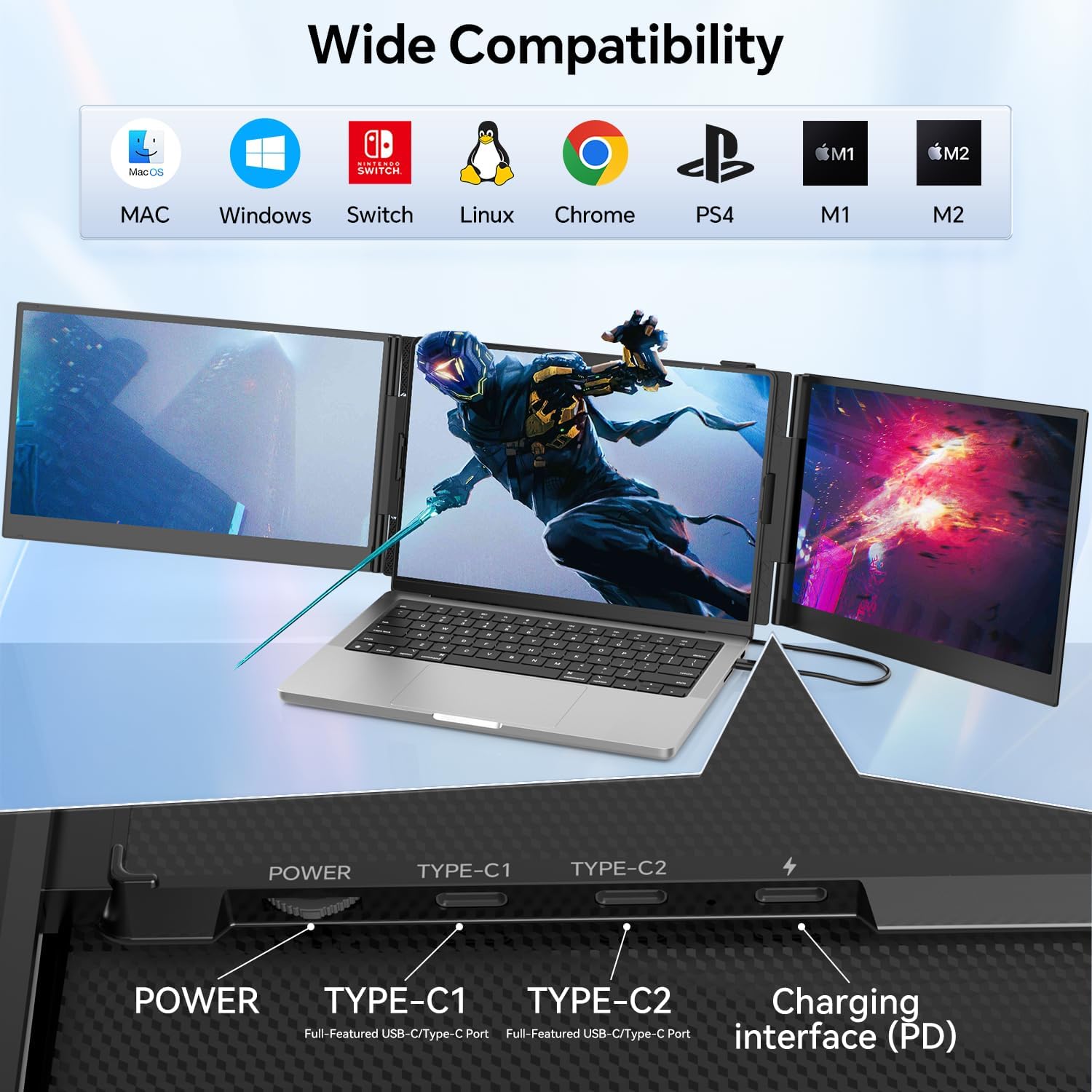 POTTMACEE 14.2'' Triple Laptop Screen Extender, 0.17' Ultra-Slim FHD 1080P Portable Monitor for Laptop, Tri-Screen Travel Monitor Extender, Plug-Play for Windows/Mac/Chrome, Fit 13'-17.3' Laptops
