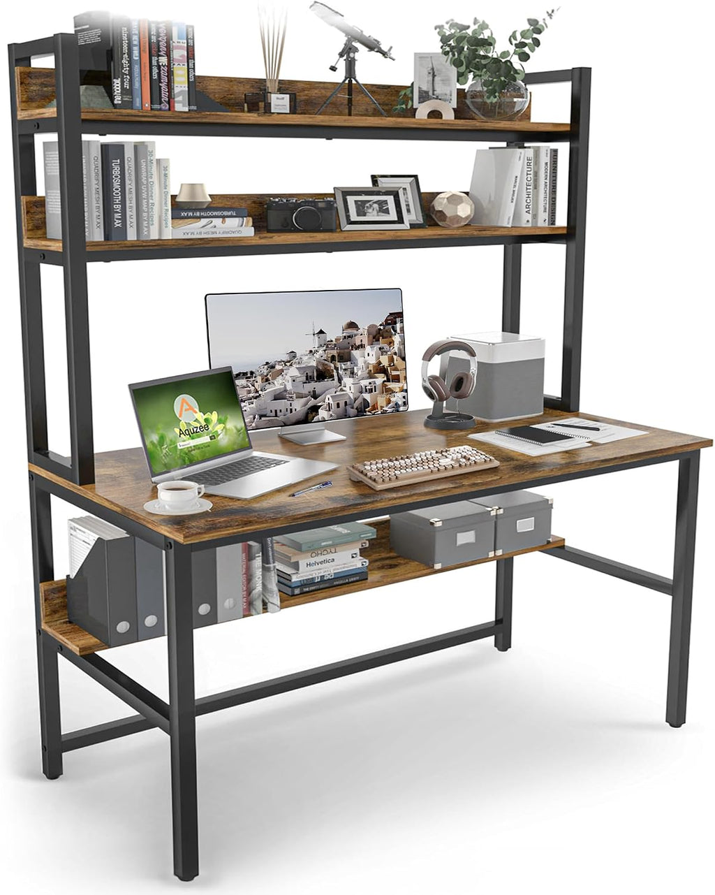 Aquzee Computer Desk with Hutch Bookshelves, 55 Inch Home Office Writing Desk with Space Saving Design, Gaming Table Organized Desk with Storage Shelves Bookshelf Easy Assemble, Rustic Brown
