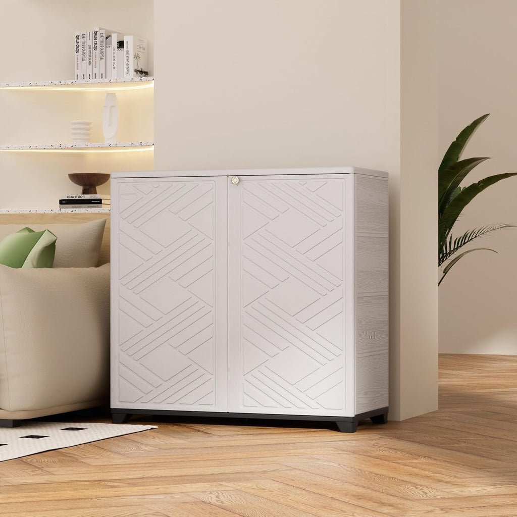 ADDOK Indoor Outdoor Plastic Storage Cabinet 34'x15'x34' with 1 Shelf, Outdoor Storage Shed for Living Room, Hallway, Balcony, Garage, Garden, Backyard-White