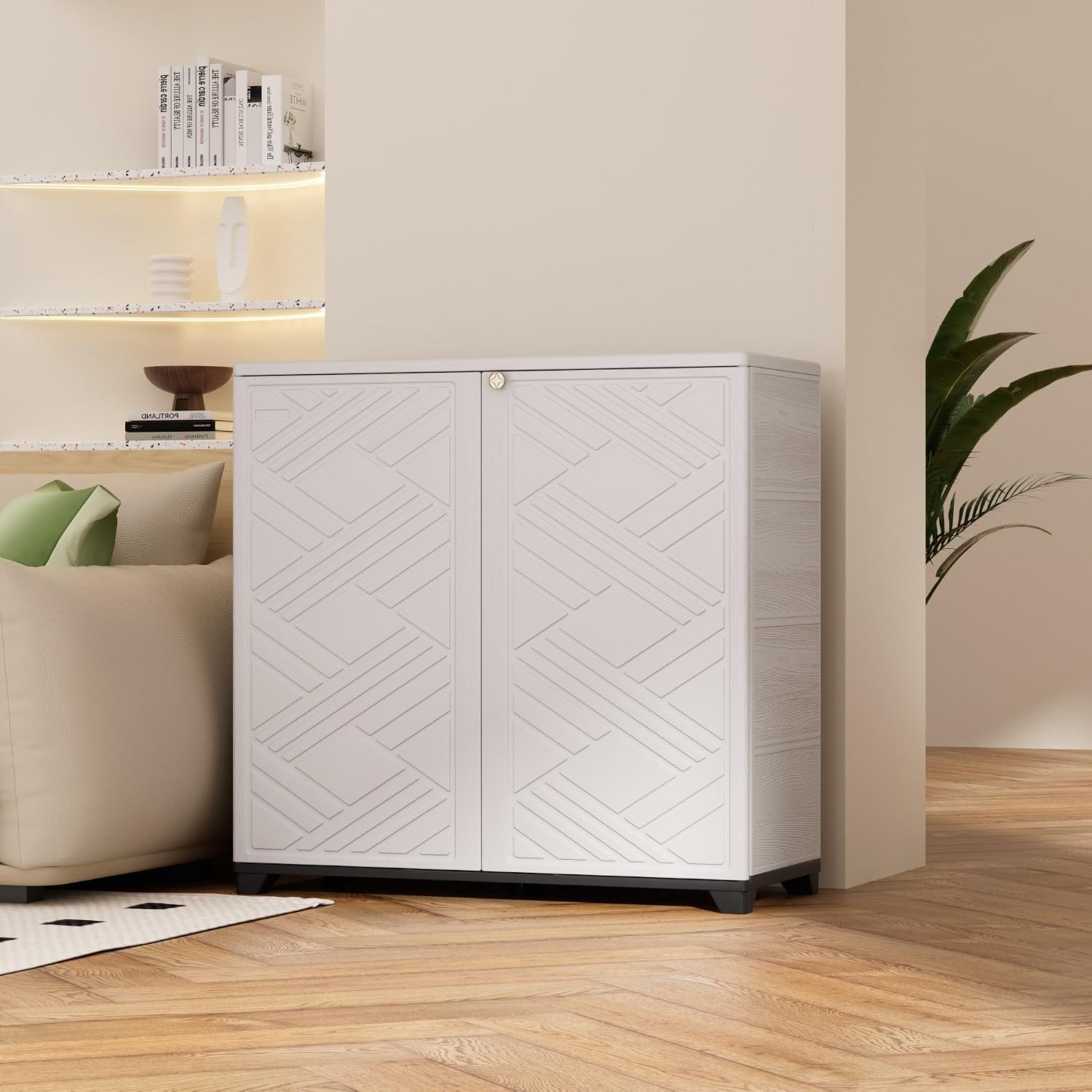 ADDOK Indoor Outdoor Plastic Storage Cabinet 34'x15'x34' with 1 Shelf, Outdoor Storage Shed for Living Room, Hallway, Balcony, Garage, Garden, Backyard-White