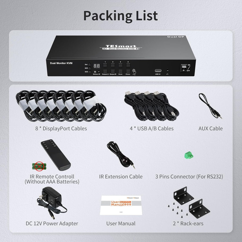 TESmart 4 Port KVM Switch Dual Monitor DisplayPort, 4K@60Hz KVM Switch 4 Computers 2 Monitors, DCCI, Audio Out, USB 2.0 Devices, Hotkey Switch, 2K@144Hz, Rack-Mount Ears, with Cables (NO EDID)