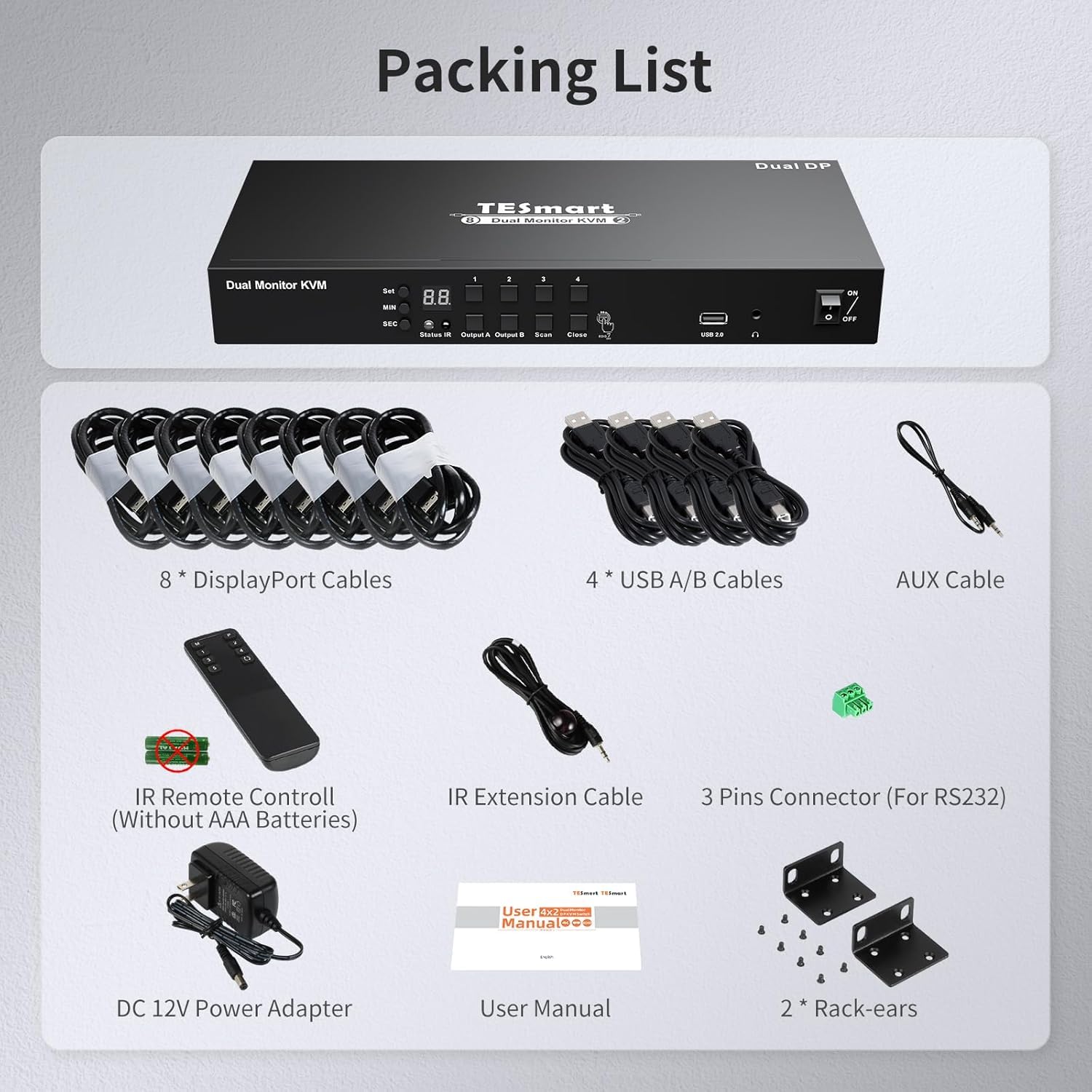 TESmart 4 Port KVM Switch Dual Monitor DisplayPort, 4K@60Hz KVM Switch 4 Computers 2 Monitors, DCCI, Audio Out, USB 2.0 Devices, Hotkey Switch, 2K@144Hz, Rack-Mount Ears, with Cables (NO EDID)