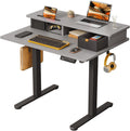 JOY worker Small Electric Standing Desk, 35' x 25' Height Adjustable Table with Built-in Monitor Stand & Storage Drawer, Grey Sit Stand Desk with 2 Hooks for Home Office