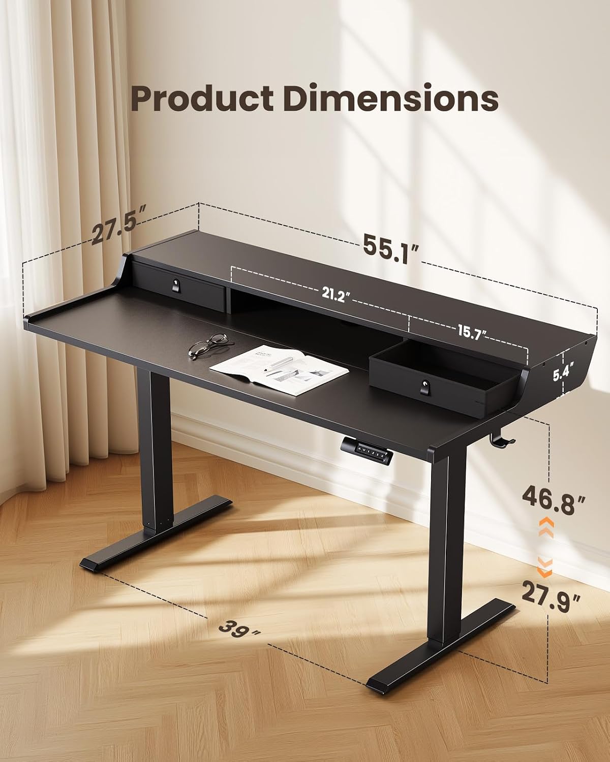 ErGear Electric Standing Desk with Drawers, 55″ x 28″ Gaming Table Compatible Monitor Stand, Stand up Desks, Home Office Height-Adjustable Desk with Storage Shelf, 4 Preset Heights, Black