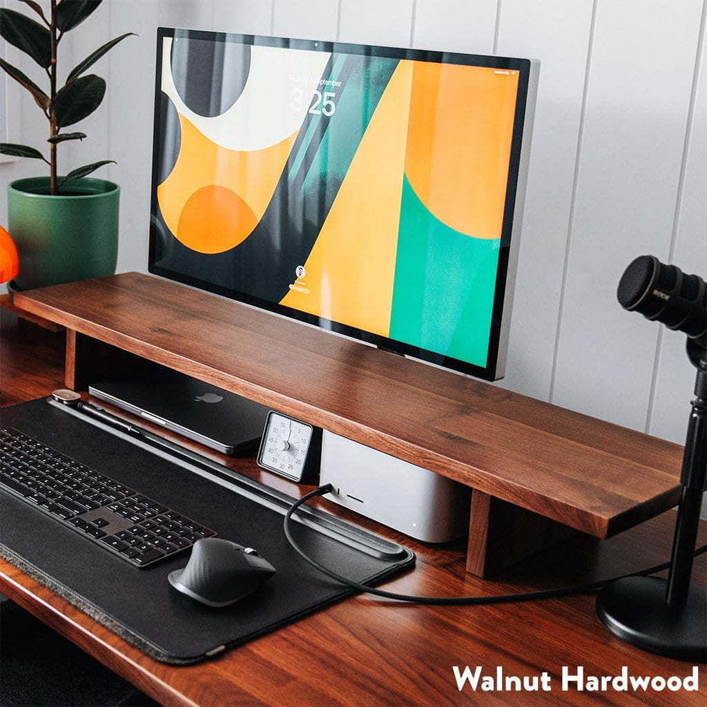 Desky Minimal Monitor Stand – Ergonomic Wood Riser for Single or Dual Monitors, Desk Shelf Organizer to Elevate Screen Height – Natural Walnut Hardwood