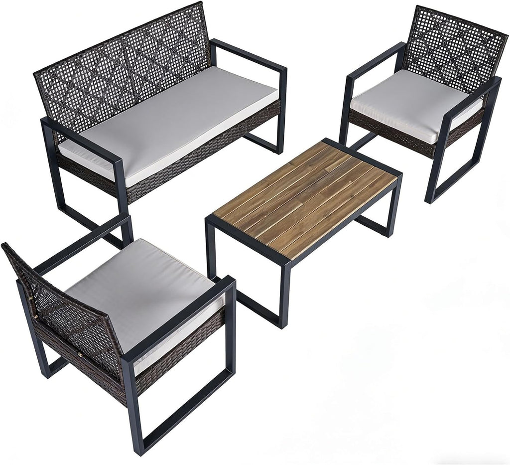 COOS BAY Haven Lounge 4 Piece Rattan Patio Furniture Set, Outdoor Wicker Patio Conversation Set for Balcony & Backyard, Dark Brown/Beige