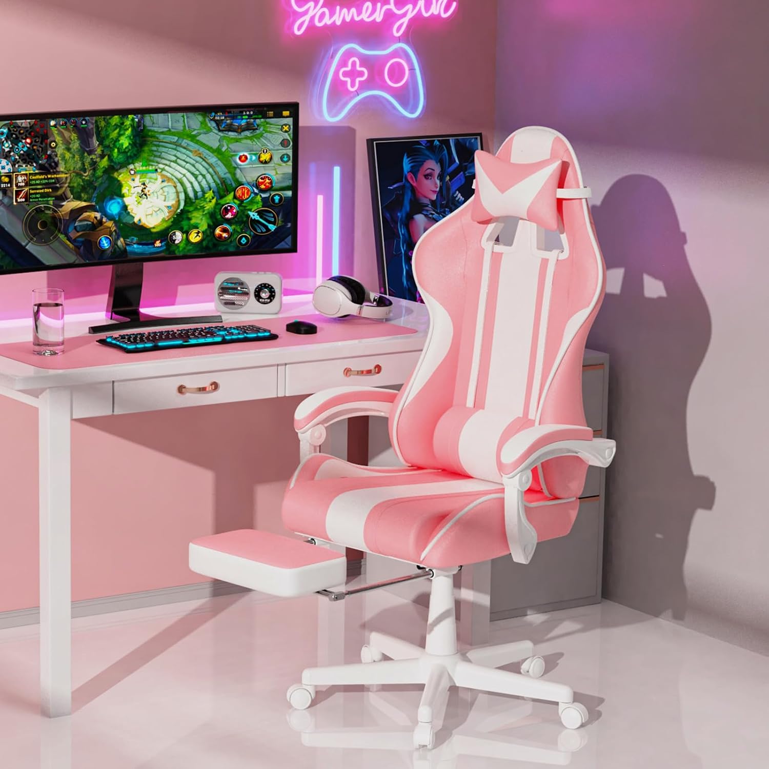 Ferghana Gaming Chairs, Ergonomic Racing Style PC Game Computer Chair with Headrest Lumbar Support Adjustable Recliner PU Leather Video Computer Chair(Pink)