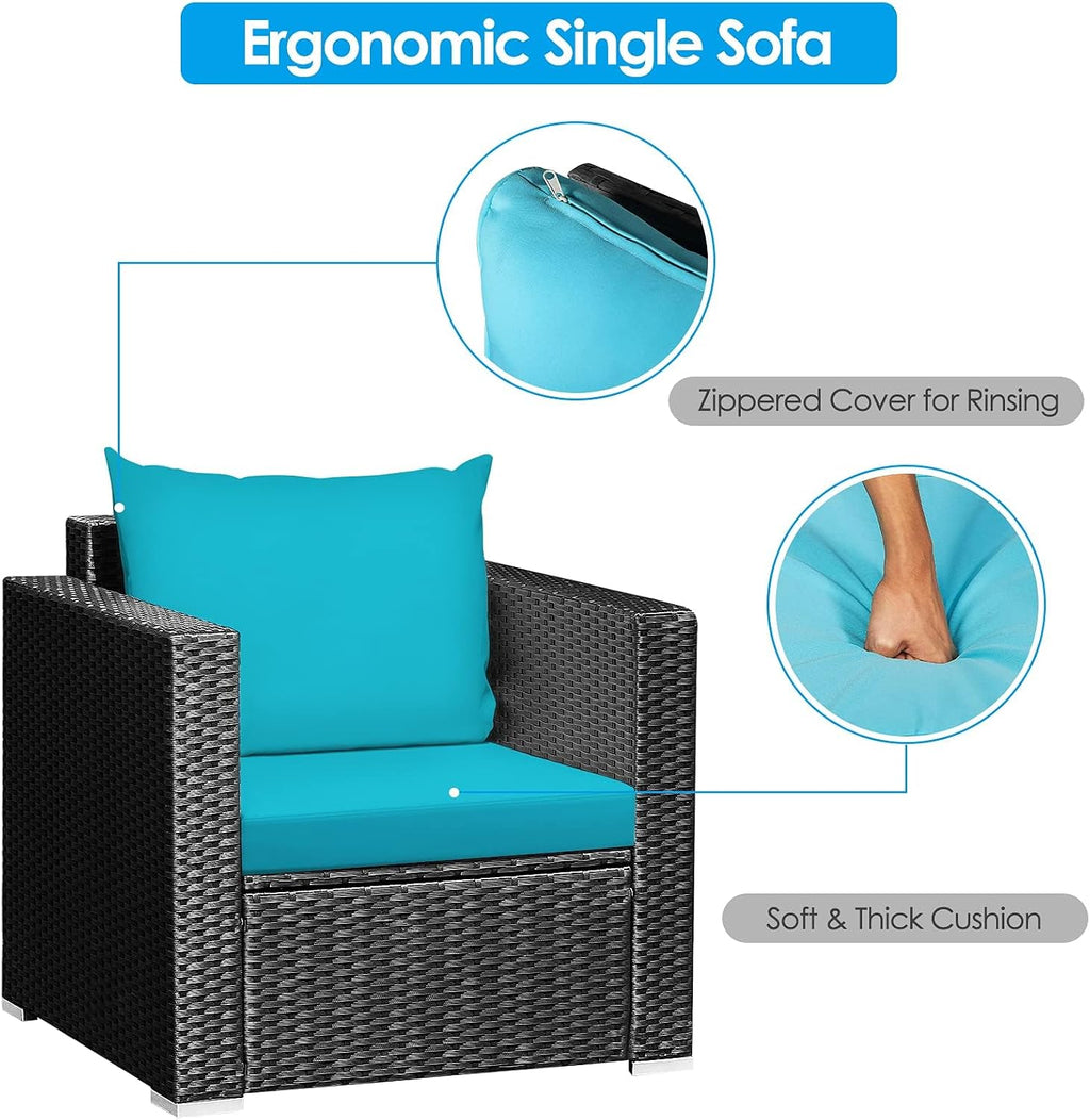HAPPYGRILL 3 Pieces Rattan Patio Conversation Set, PE Wicker Patio Furniture Set with Coffee Table and Cushions, Outdoor Sofa Set for Garden Balcony Porch Poolside