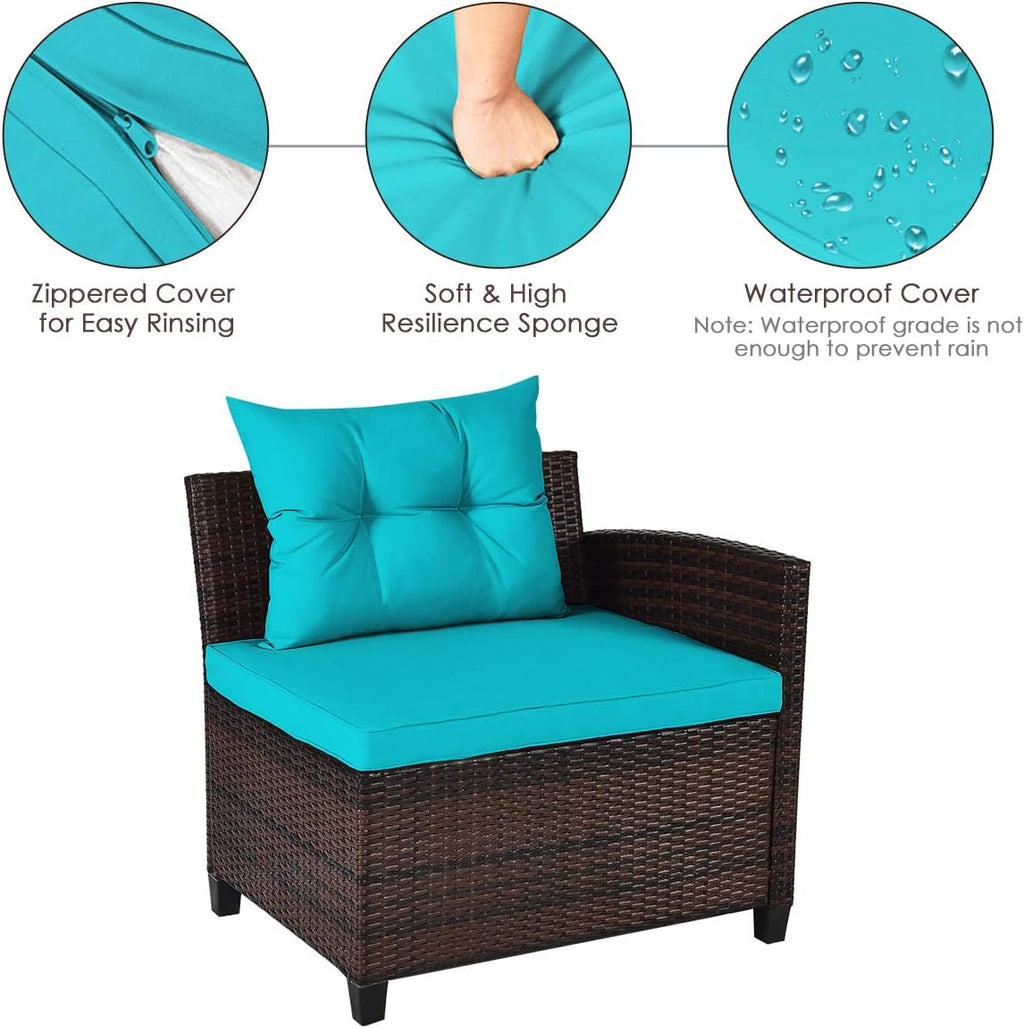 HAPPYGRILL 4 Pieces Patio Furniture Set Outdoor Rattan Wicker Conversation Set with Cushioned Sofas and Coffee Table, L-Shape Sectional Curved Sofa Set for Garden Poolside Balcony