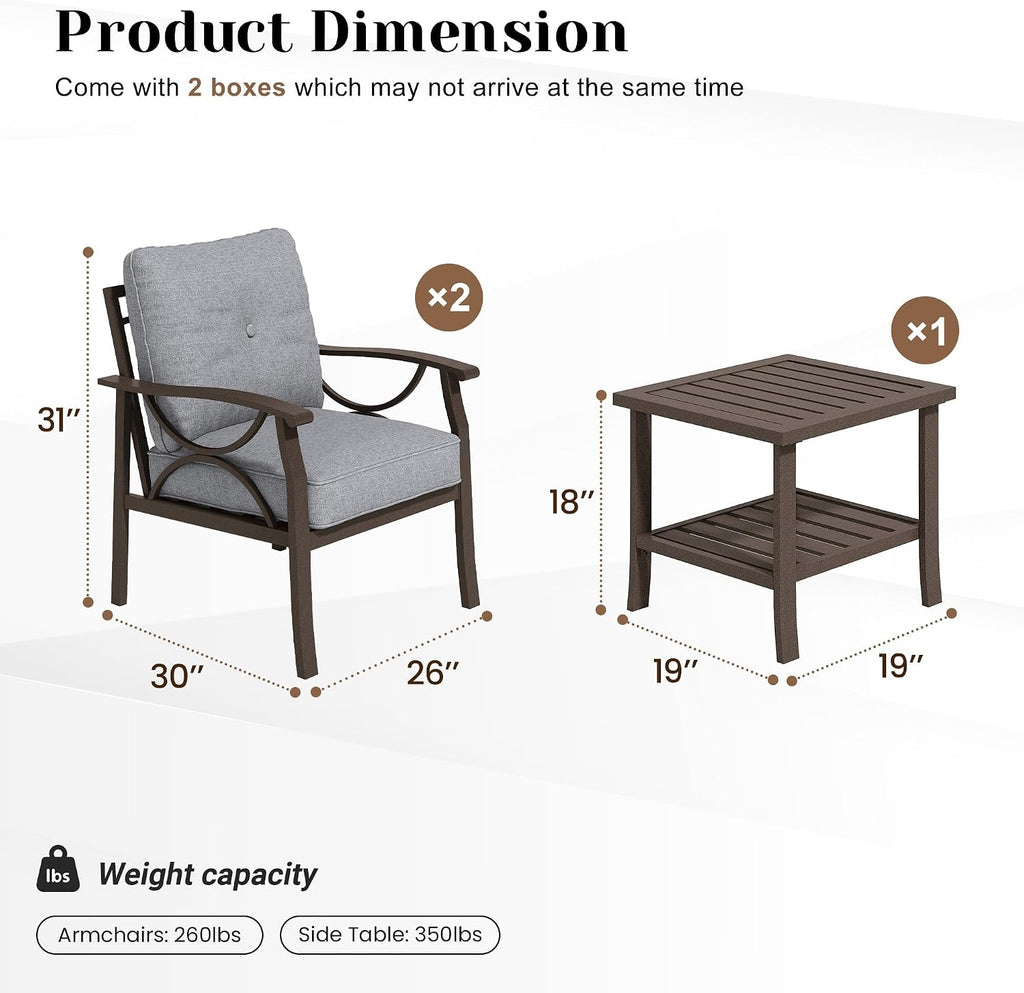 FansaFurn Outdoor Patio Furniture Set, 3 Pieces Metal Patio Conversation Set with Side Table for Backyard Garden Porch, Grey