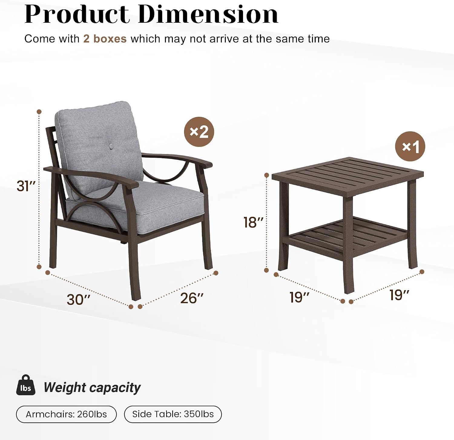 FansaFurn Outdoor Patio Furniture Set, 3 Pieces Metal Patio Conversation Set with Side Table for Backyard Garden Porch, Grey