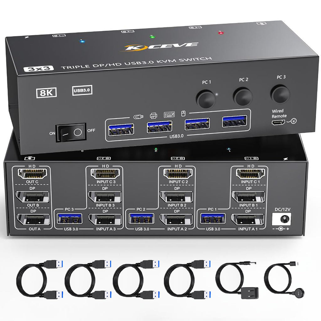 KVM Switch 3 Monitors 3 Computers 8K@60Hz 4K@144Hz, HDMI Dispalyport Triple Monitor KVM Switches for 3 PC Share 3 Monitor and 4 USB 3.0 Devices, Wired Remote, Power Adapter and USB3.0 Cables Included
