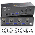 KVM Switch 3 Monitors 3 Computers 8K@60Hz 4K@144Hz, HDMI Dispalyport Triple Monitor KVM Switches for 3 PC Share 3 Monitor and 4 USB 3.0 Devices, Wired Remote, Power Adapter and USB3.0 Cables Included