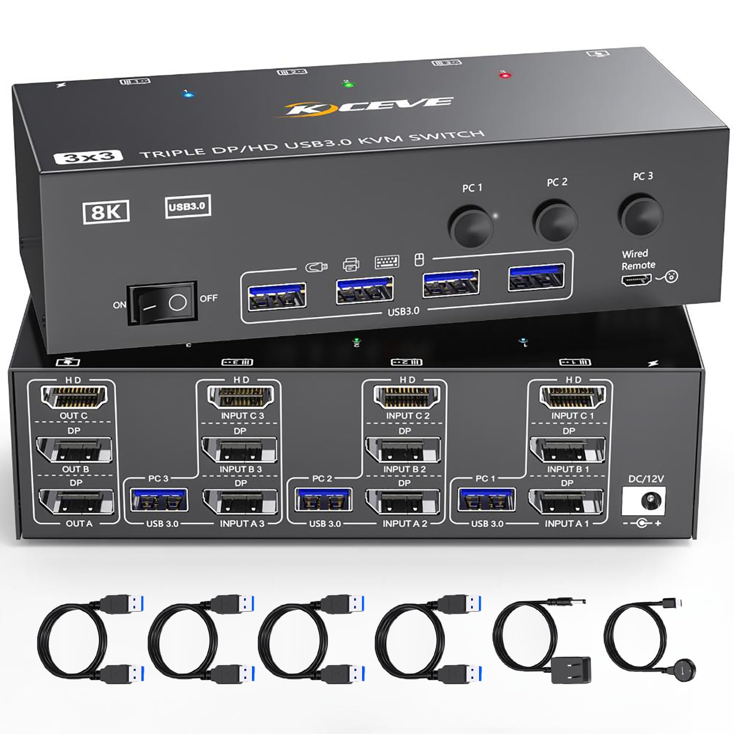 KVM Switch 3 Monitors 3 Computers 8K@60Hz 4K@144Hz, HDMI Dispalyport Triple Monitor KVM Switches for 3 PC Share 3 Monitor and 4 USB 3.0 Devices, Wired Remote, Power Adapter and USB3.0 Cables Included