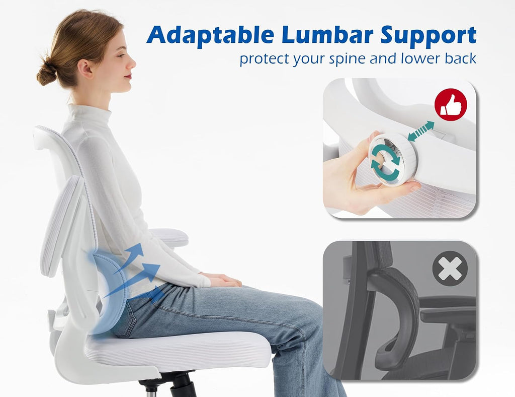 TRALT Ergonomic Office Chair - Desk Chair with Adjustable Lumbar Support Computer Chair - Mesh Comfy Chair with Flip-up Armrests - Gaming Chairs for Adults Home Office (Leather, White)