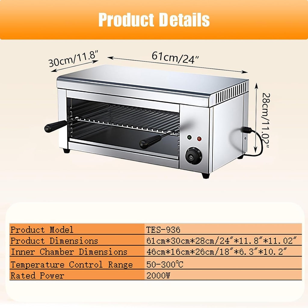 Stainless Steel Indoor Electric Grill, 2000W & 30L Family Size - 4 Height-Adjustable Racks, 50-300°C Thermostat, No Oil Smoke, Wall Mountable For Space Saving