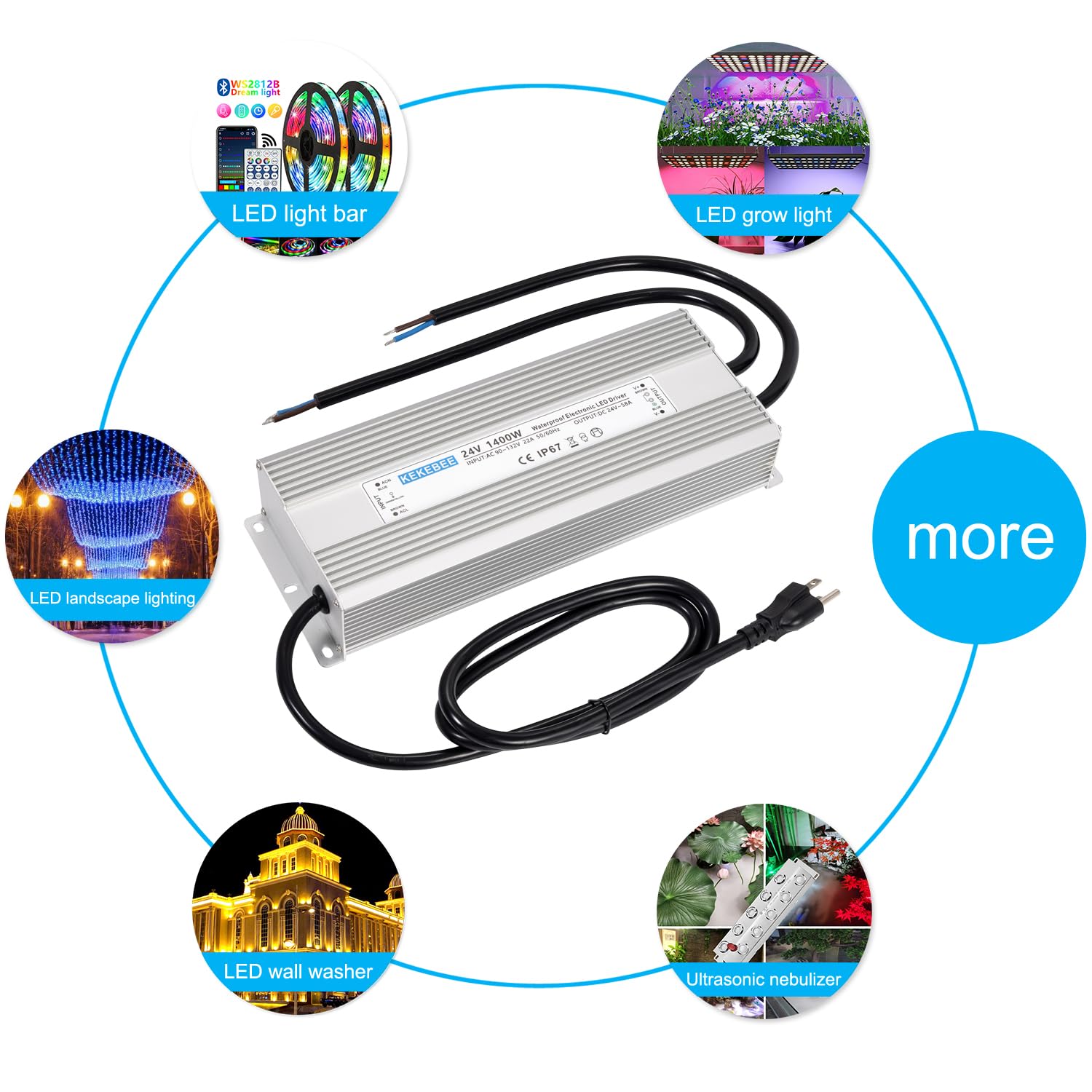LED Driver 24V1400W Waterproof Power Supply AC90-132V to DC24V58A High Power Switching Power Supply IP67 Transformer Suitable for Indoor and Outdoor LED Lighting and Any 24V DC Equipment