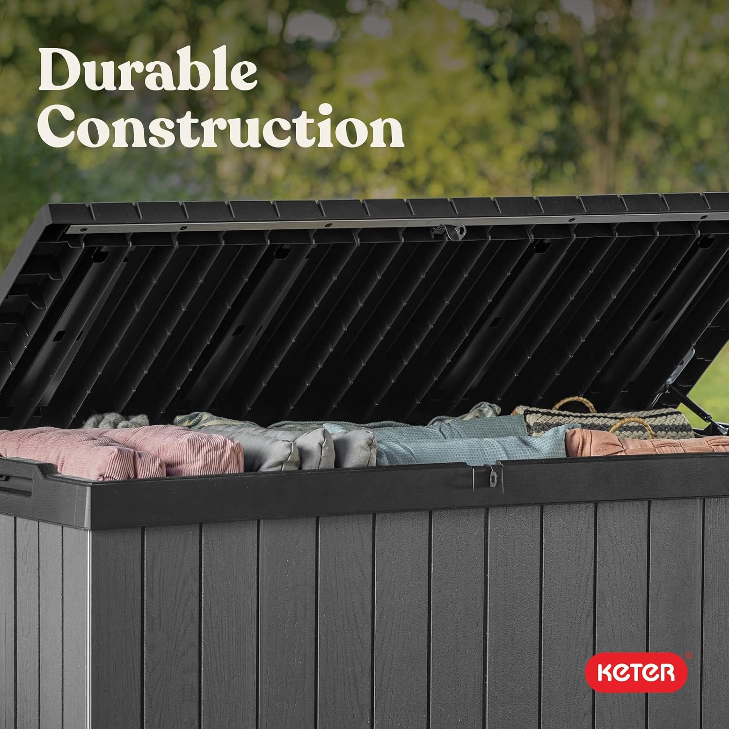 Keter Darwin 100 Gallon Resin Large Deck Box - Organization and Storage for Patio Furniture, Outdoor Cushions, Garden Tools and Pool Toys, Grey & Black