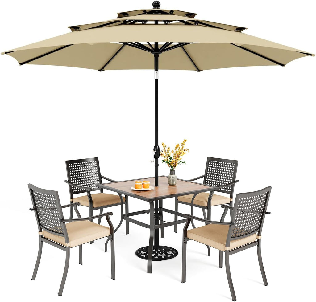 PHI VILLA 5 Pieces Outdoor Dining Set for 4 with Umbrella, 37' Square Wood-Like Steel Table & Stackable Iron Chairs with Cushions & 10ft Beige Umbrella, Modern Furniture for Patio, Deck, Yard, Porch