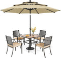 PHI VILLA 5 Pieces Outdoor Dining Set for 4 with Umbrella, 37' Square Wood-Like Steel Table & Stackable Iron Chairs with Cushions & 10ft Beige Umbrella, Modern Furniture for Patio, Deck, Yard, Porch