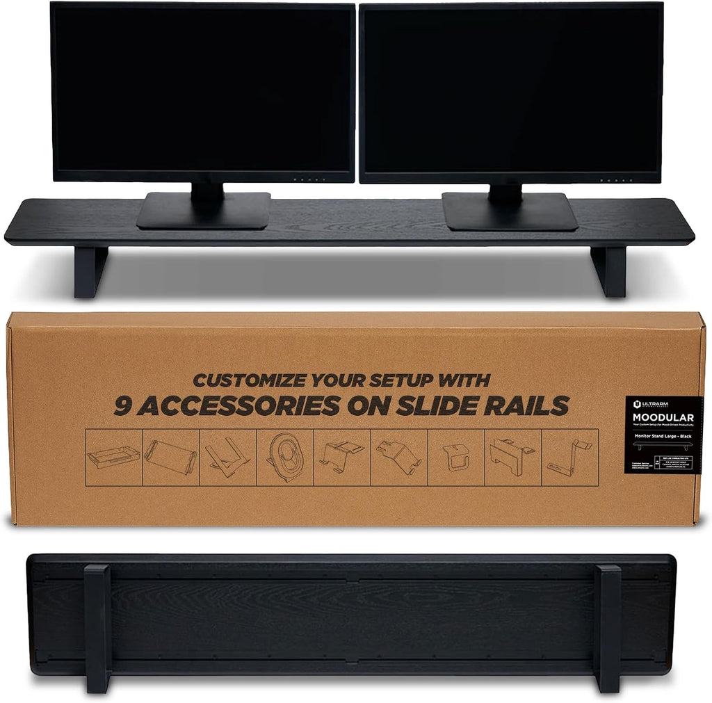 ULTRARM Moodular Wooden Monitor Stand 45.6' (116cm) Large Desk Organizer with Metal Slide Rails for Drawer, Tray, Laptop, Tablet, Phone & Headphones Customizable Riser for Organized Workspace Black