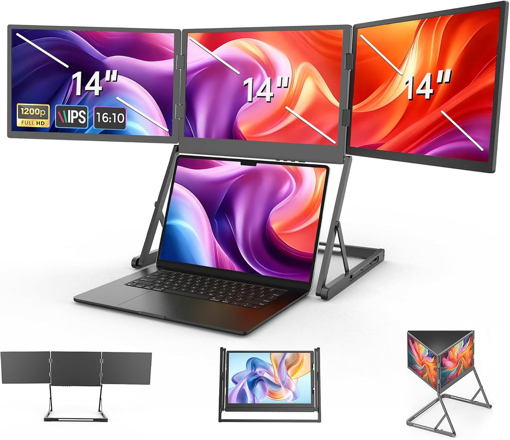 14 Inch Laptop Screen Extender, Portable Triple Monitor for 11-17 Inch Laptops, 1920x1200 IPS Foldable Display with 360° Rotation, USB-C (DP Alt Mode) and HDMI for Windows and Mac