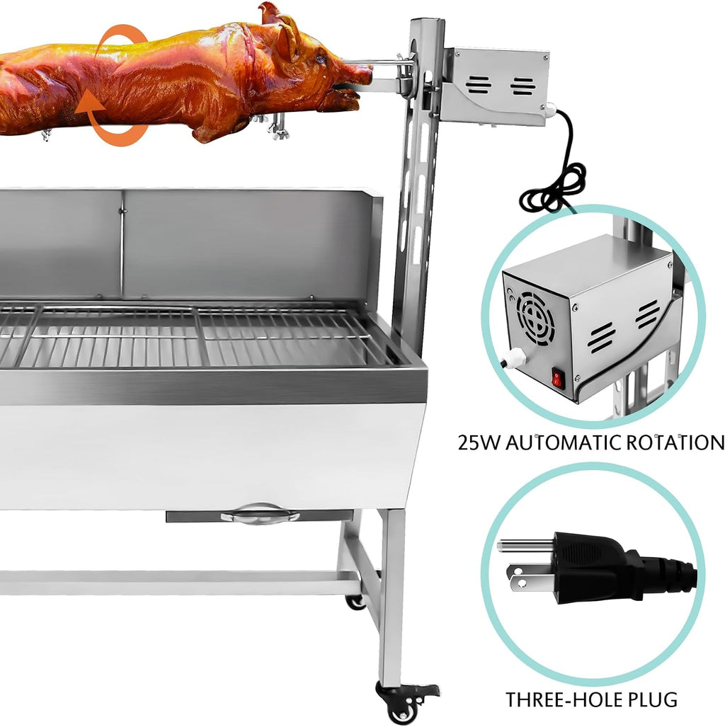 132lbs Outdoor Rotisserie Grill with Back Cover Guard, Small Pig Whole Lamb Stainless Steel Rotisserie Roaster, 37' BBQ Charcoal Rotisserie Roaster Grill