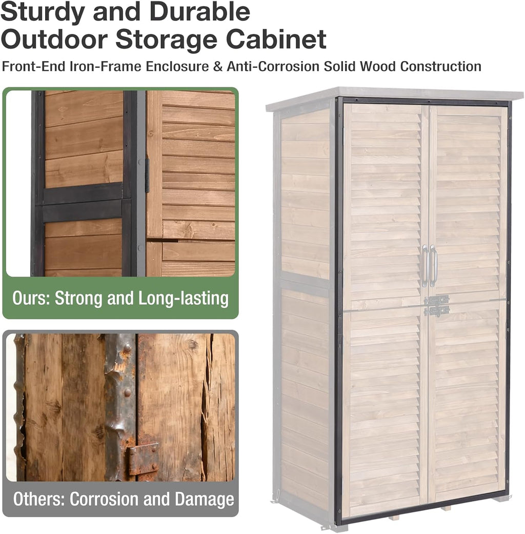 Outdoor Storage Cabinet Waterproof, Storage Shed with Sturdy Iron Frame & Anti-Corrosion Wood, Louvered Door Lockable Cabinet for Patio Garden Backyard, 63' H