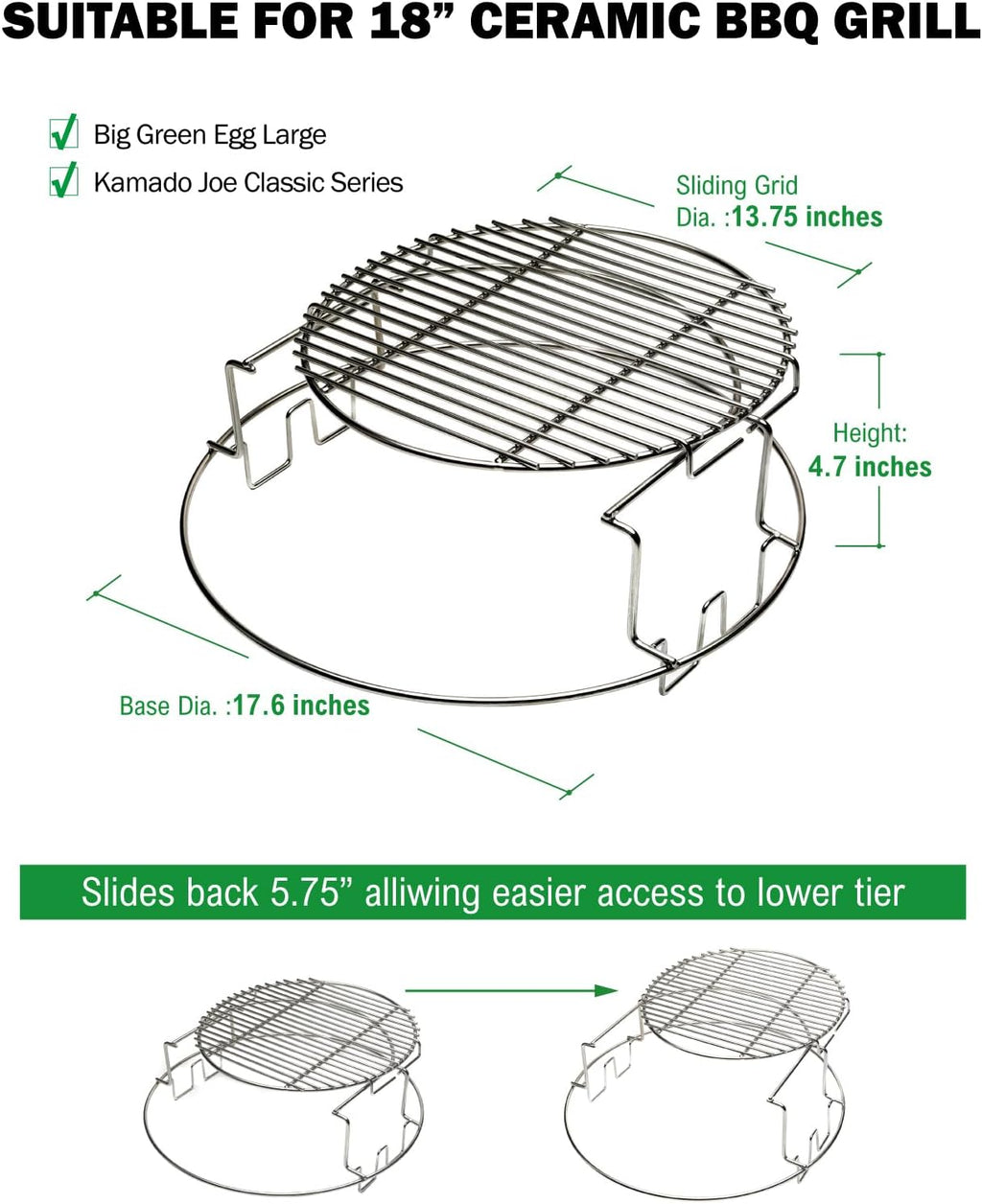 Replacement BGE 2-Piece Multi-Level Rack for Large Green Egg, Stainless EGGspander Kit - Multi-Function Cooking System Expander Grill Stack Rack Works for Direct and Indirect Cooking