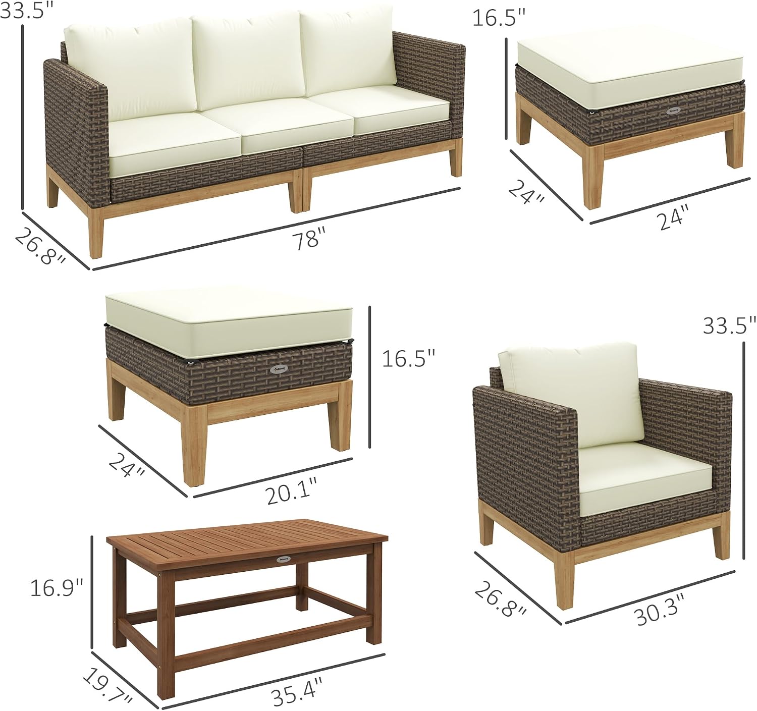 Outsunny Wooden Patio Furniture Set with Thick Padded Cushions, 5-Piece PE Rattan Sectional Sofa with Acacia Wood Top Coffee Table, Outdoor Conversation Set, Cream White