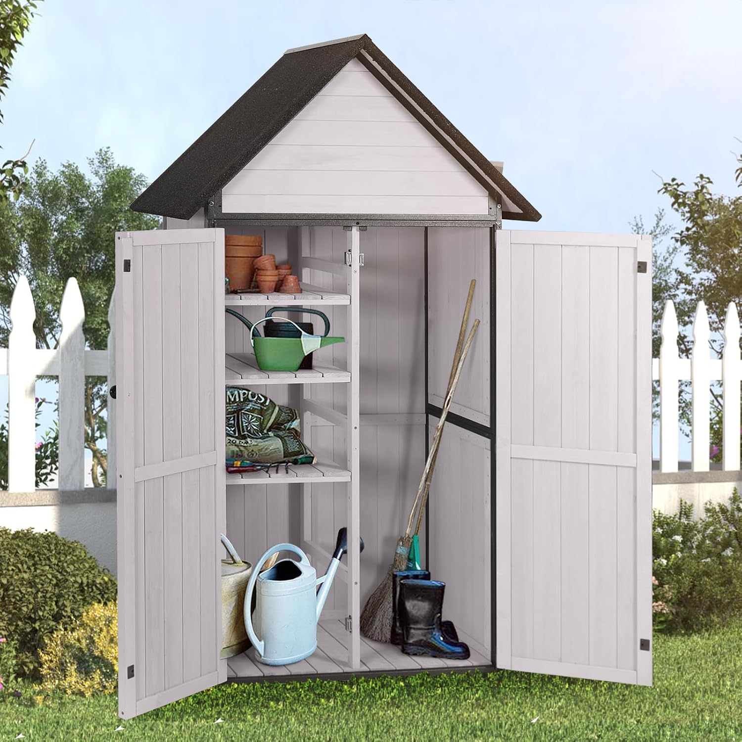 Outdoor Storage Shed with All Around Strong Metal Frame, Garden Shed with Floor, Wooden Tool House with Adjustable Shelfs, for Backyard Garden Patio Lawn (Grey, Extra Large)
