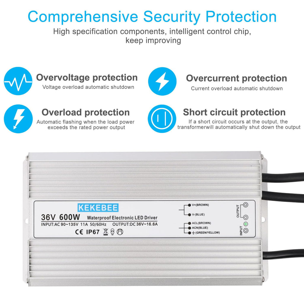 LED Driver 36V 600W Waterproof Power Supply AC90-135V to DC36V16.6A IP67 Waterproof Low Voltage Transformer Suitable for Outdoor LED Lighting Lawn Lights and 36V DC Equipment