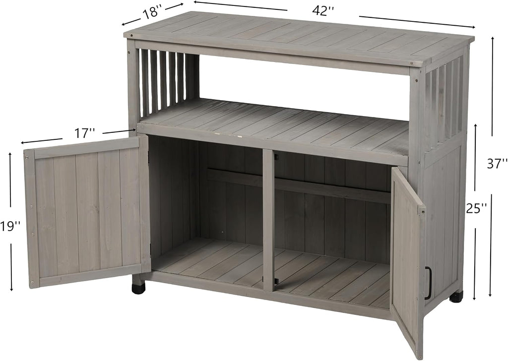 YOPTO Outdoor Wood Storage Cabinet,Garden Patio Bar Table Set with 2 Handles,Buffet Cabinet Sideboard Furniture for Lawn,Grey