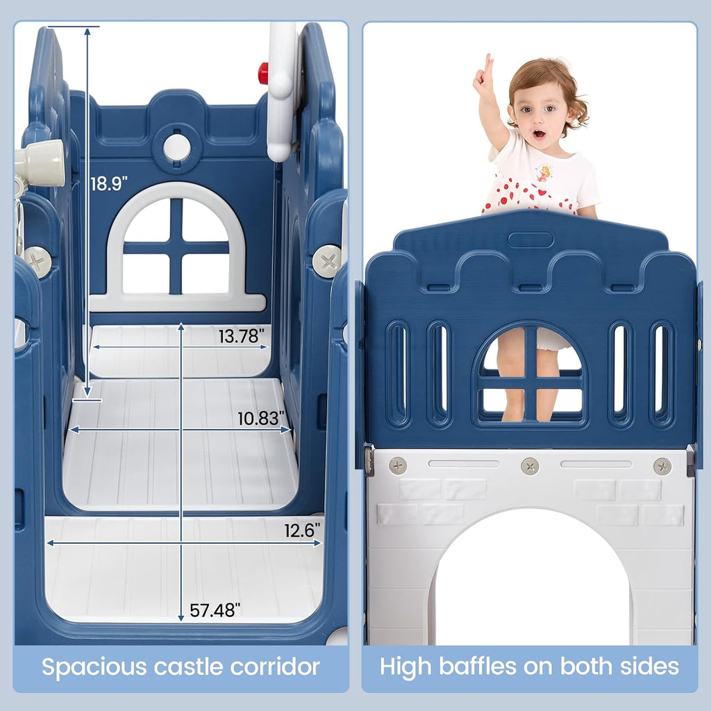 GAOMON 8 in 1 Toddler Slide Indoor Playground, Indoor Slide Toddler Playset for Toddlers 1-3, Kids Outdoor Playground with Basketball Hoop, Climber, Crawling Tunnel, Telescope, Toy Storage
