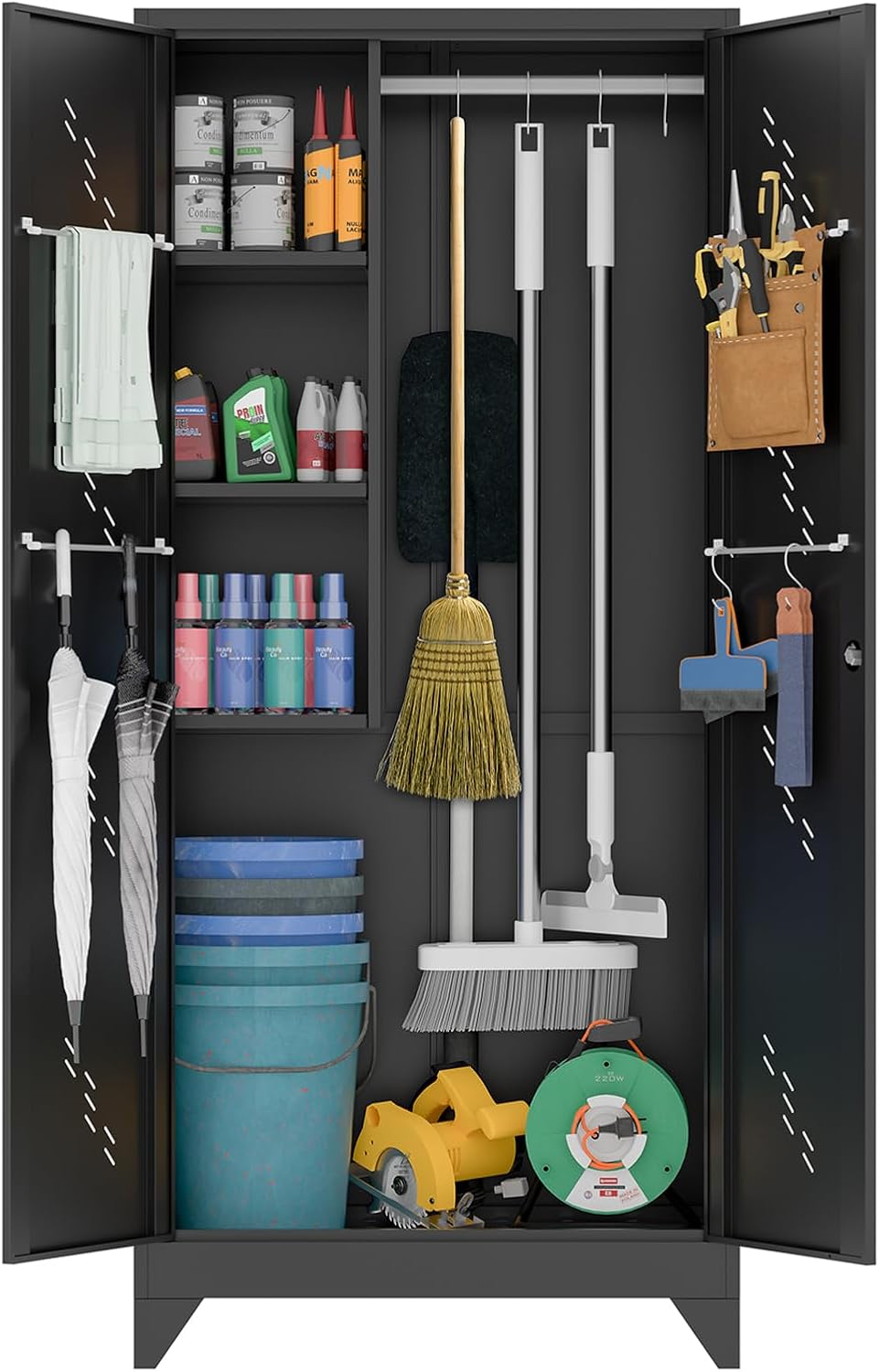 75' Metal Storage Cabinet with Lockable Doors, Functional Garage Storage Cabinets, Heavy-Duty Tool Organization Cabinet with Hanging Rod & S-Hooks (75' Utility Closet)
