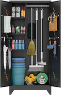 75' Metal Storage Cabinet with Lockable Doors, Functional Garage Storage Cabinets, Heavy-Duty Tool Organization Cabinet with Hanging Rod & S-Hooks (75' Utility Closet)
