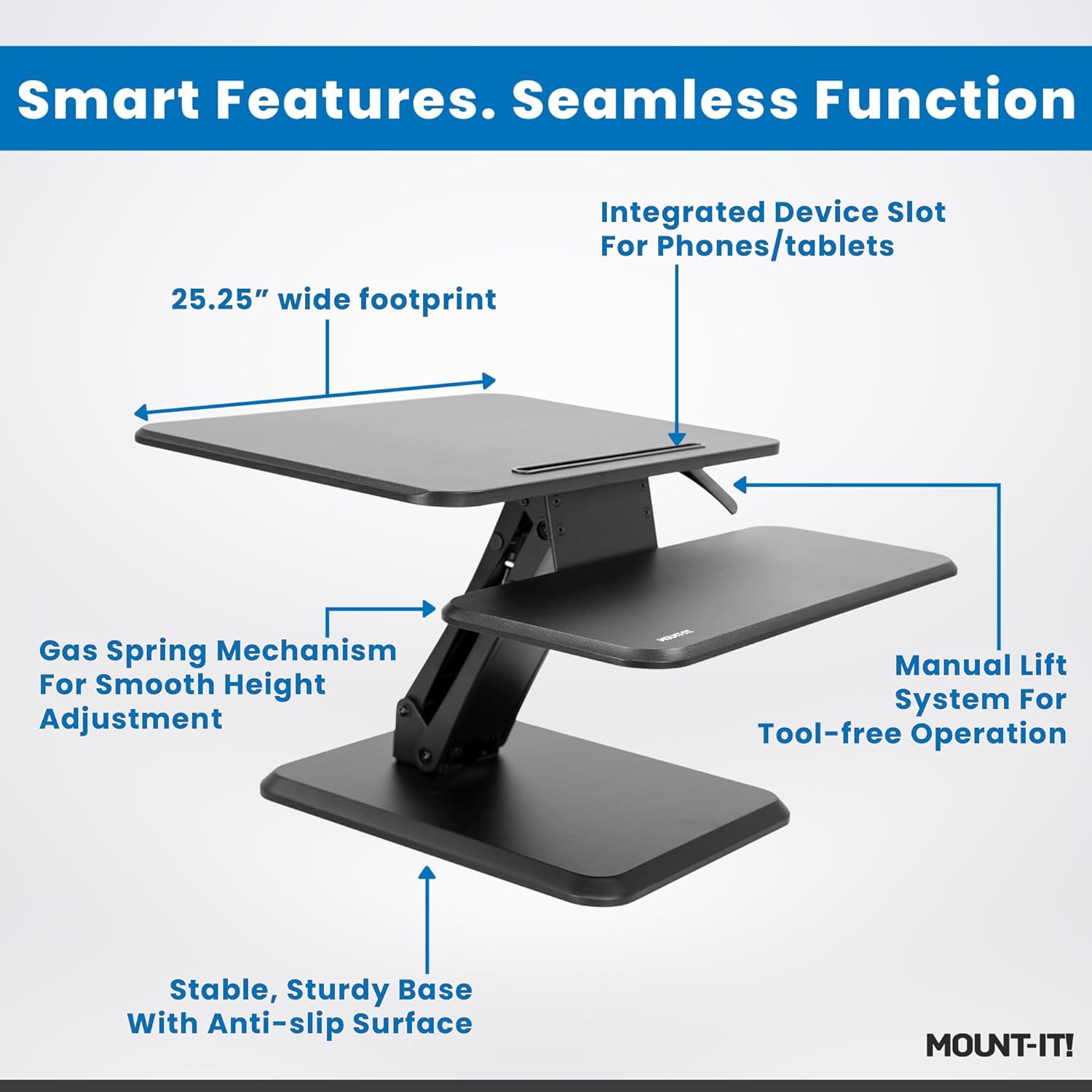 Mount-It! Standing Desk Converter, Compact 25' Sit Stand Desk Riser with Gas Spring Lift, Adjustable Height Desktop Riser for Laptop, Monitor, and Keyboard, Small Home Office Desk Converter