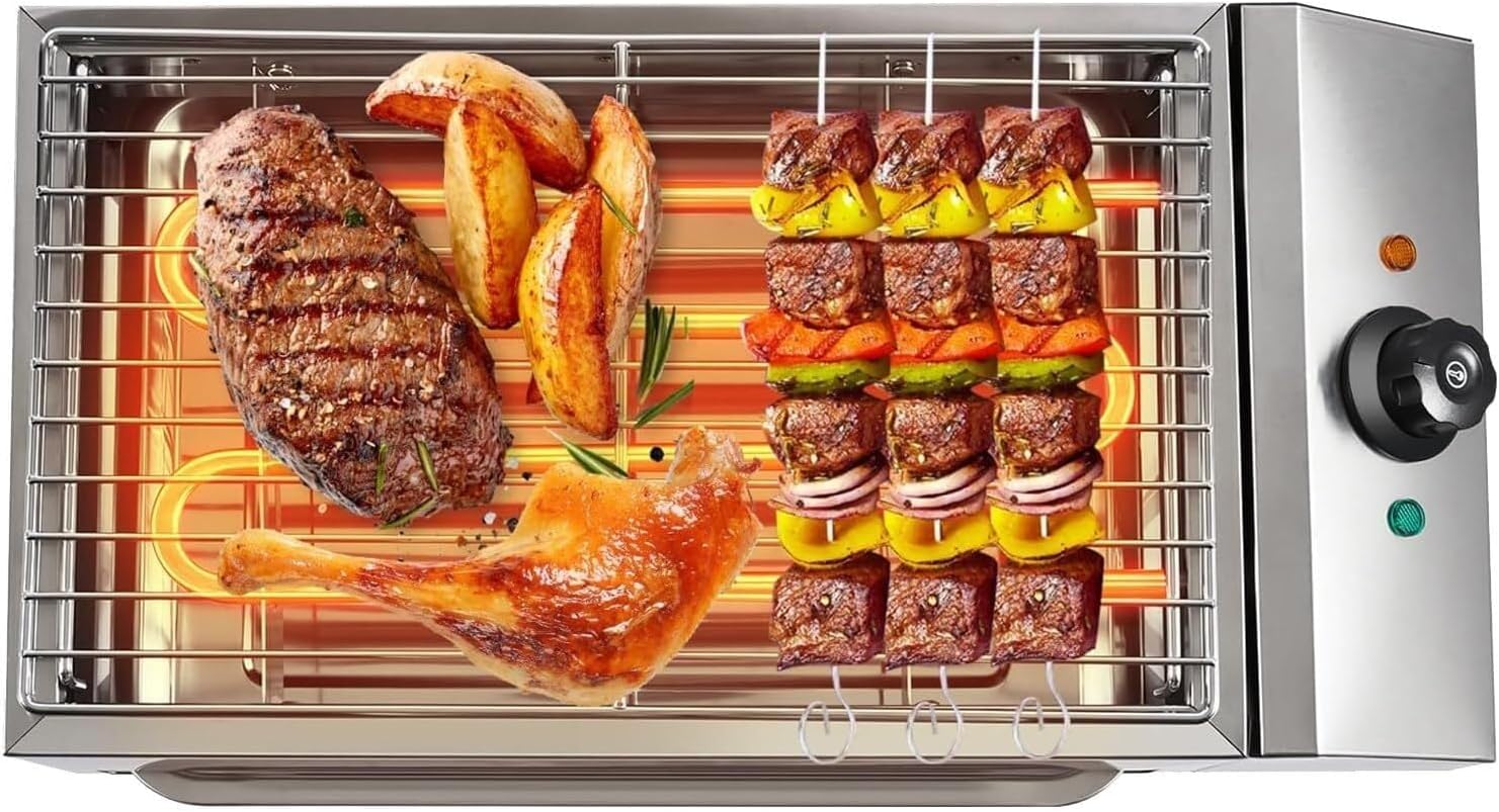 Indoor Grill, 2600W Electric, Smokeless, Even Heating, Portable, Grease Collection Tray,Single Plate, For Family Parties, Outdoor Grilling or Commercial Use