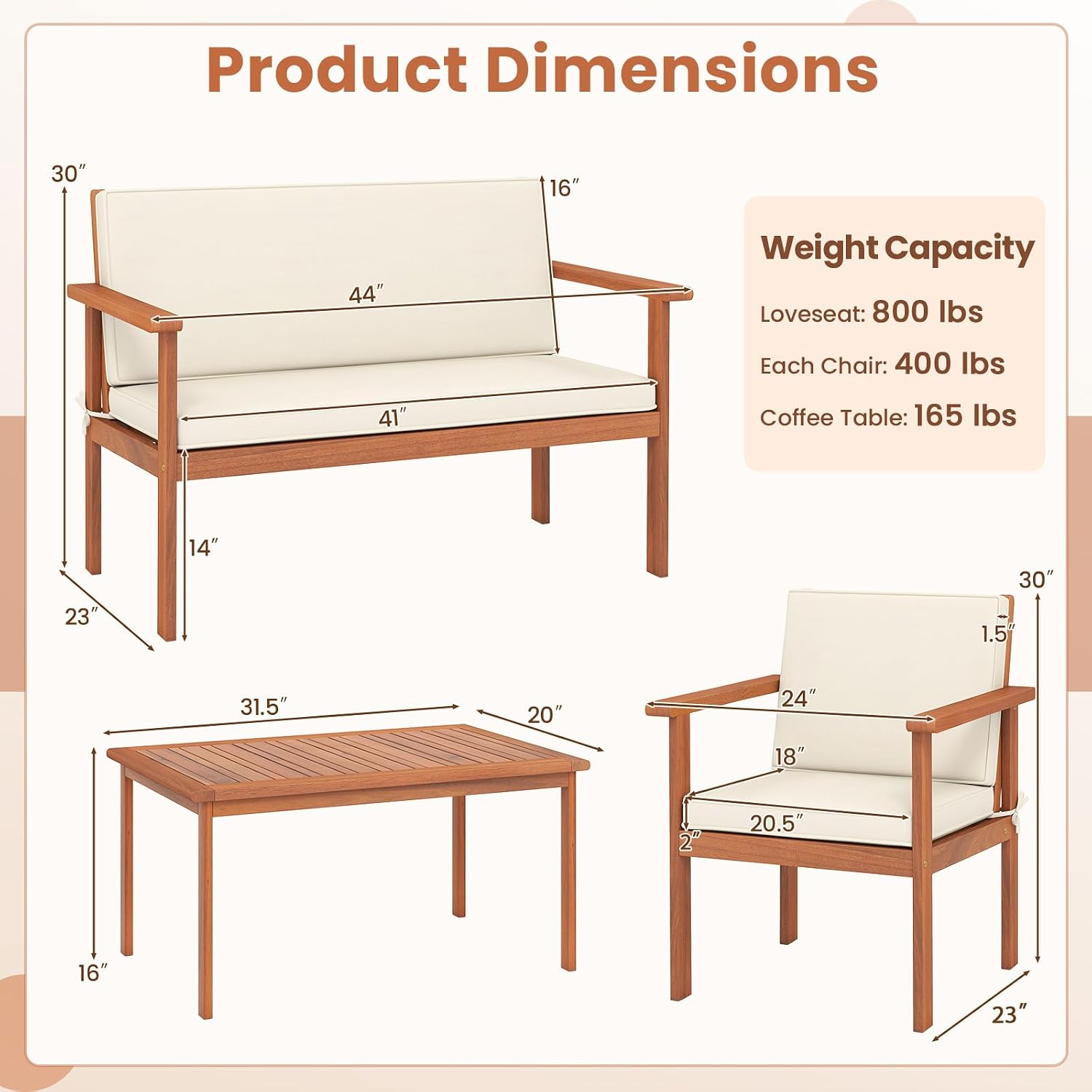Tangkula 4 Pieces Acacia Wood Patio Conversation Set, Outdoor Wooden Cushioned Chairs & Slatted Coffee Table Set,for Backyard, Porch, Balcony, Poolside and Lawn (Off White,1)