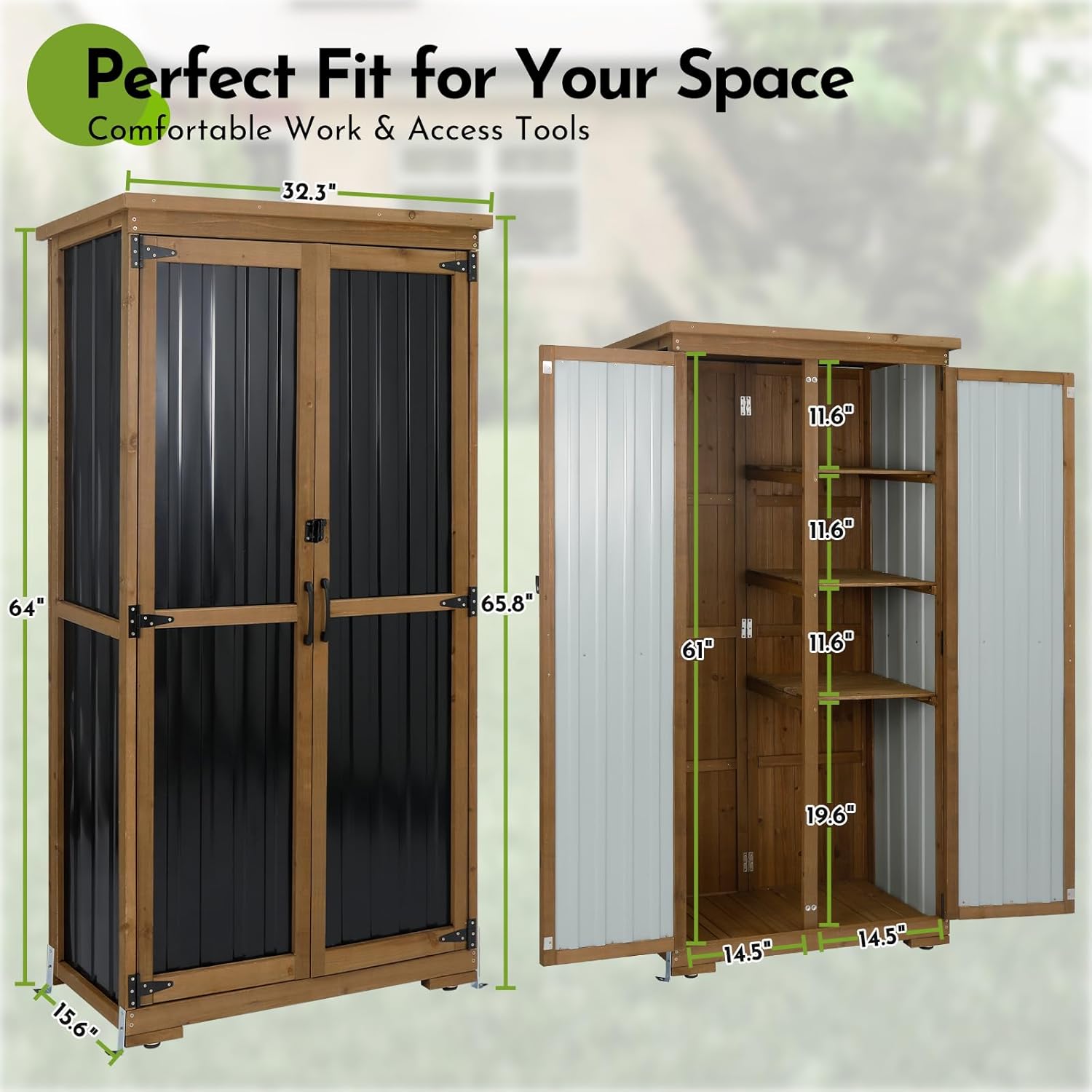 Outdoor Storage Cabinet,Wood & Metal Storage Shed with Adjustable Shelves & Lockable Doors,Vertical Outdoor Cabinets for Backyard Patio, Gardening Tools and Accessories,Brown