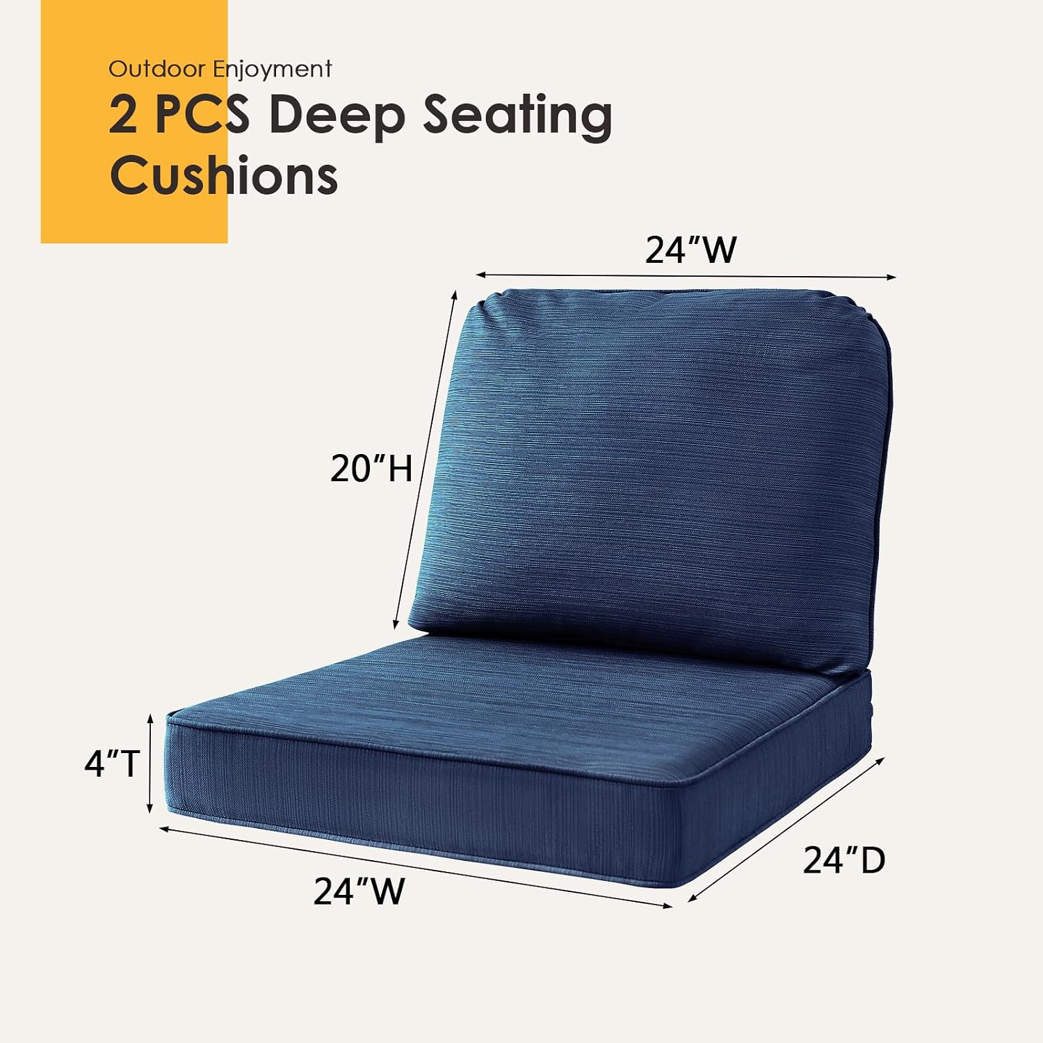 Outdoor Cushions for Patio Furniture Set of 2, 24'x24' Water Repellent Chair Cushions Removable Seat Bottom & Back Cushion Covers for Chair, Sofa, Couch, Navy