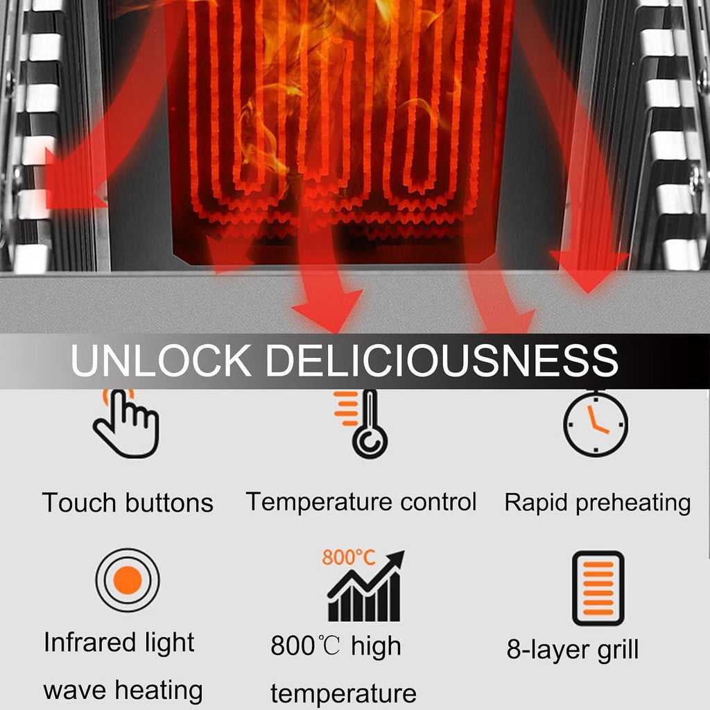 1700W Indoor Commercial Steak Grill,Electric Steak Broiler +glove-Time Temperature Adjustable/Touch Button/800℃ High Temperature/8-Layer Grill-for Beef Chicken Vegetables,A